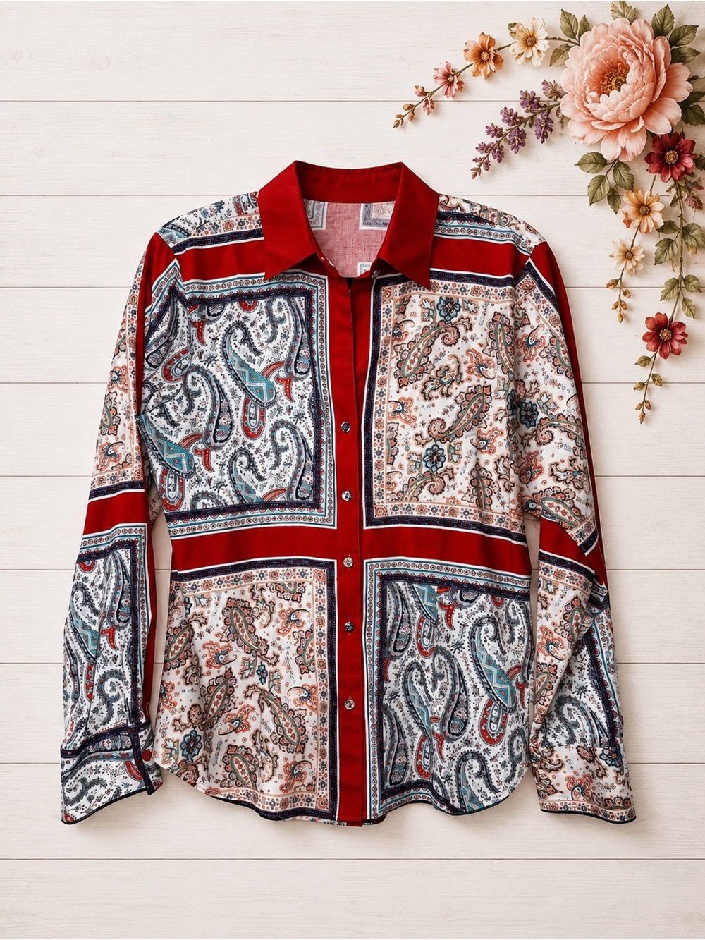 Paperwhite Red and White Paisley Patchwork Button-Down Shirt